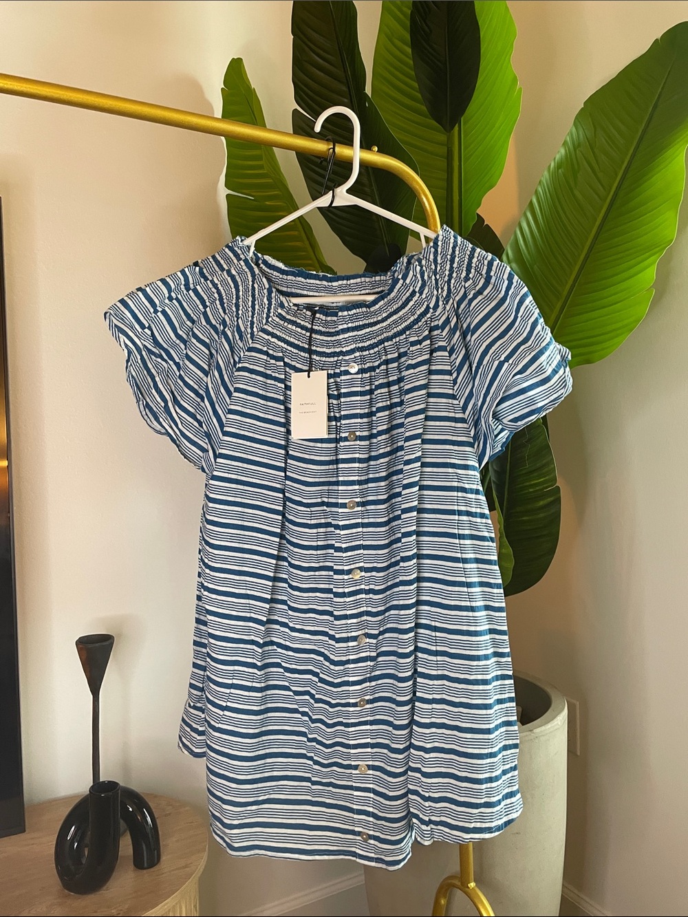 Faithfull the Brand Blue & White Striped Button Front Top
